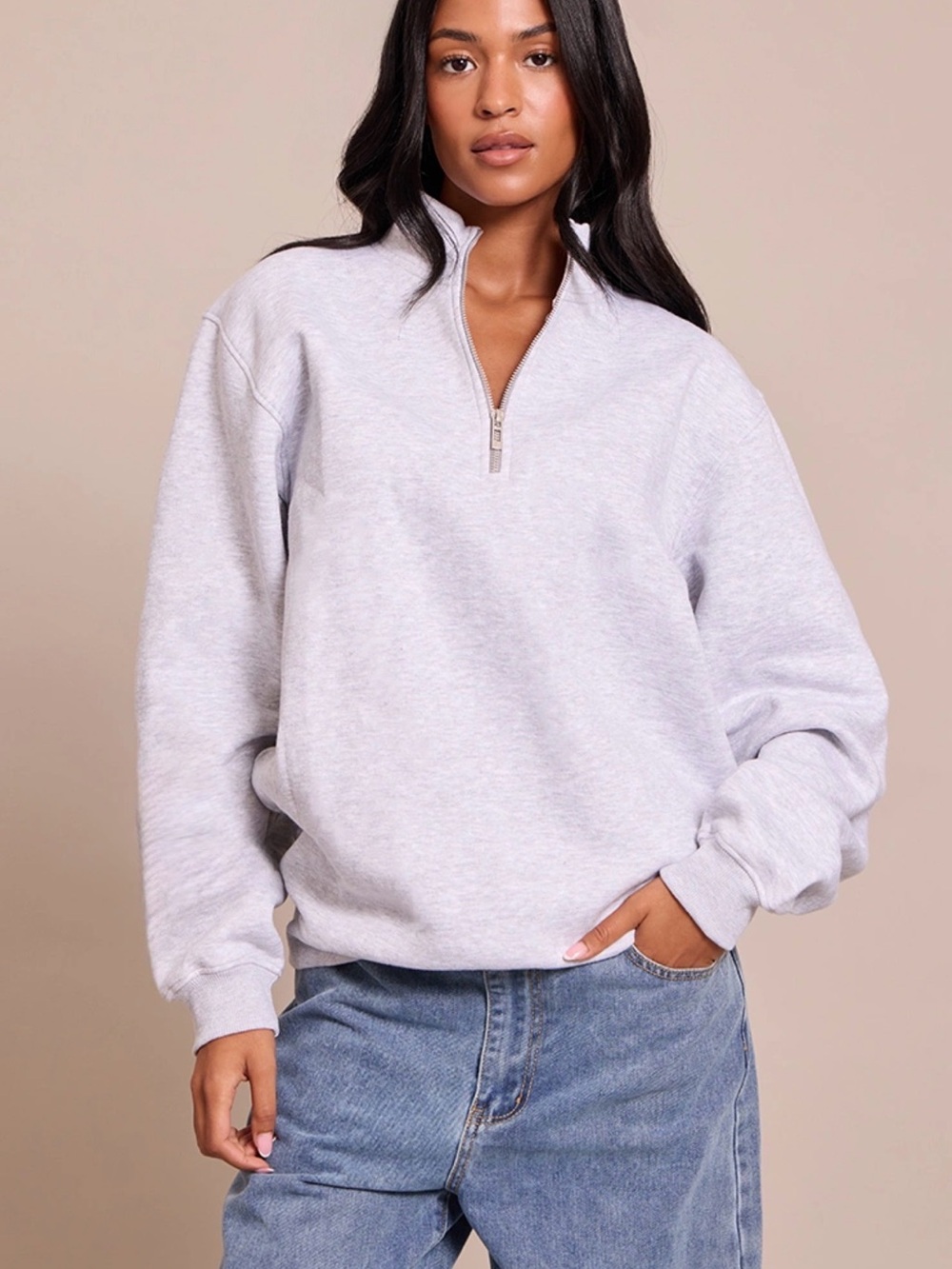 PrettyLittleThing TALL ASH GREY FUNNEL NECK ZIP SWEATSHIRT